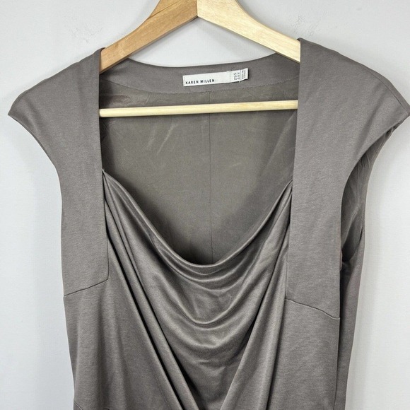 Karen Millen Taupe Gray Cap Sleeve Sheath Dress Size 10 EU 42 Tie Front - Picture 4 of 14